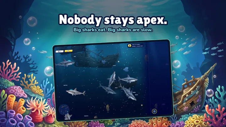 A pack of sharks circling a shipwreck: big sharks eat, big sharks are slow