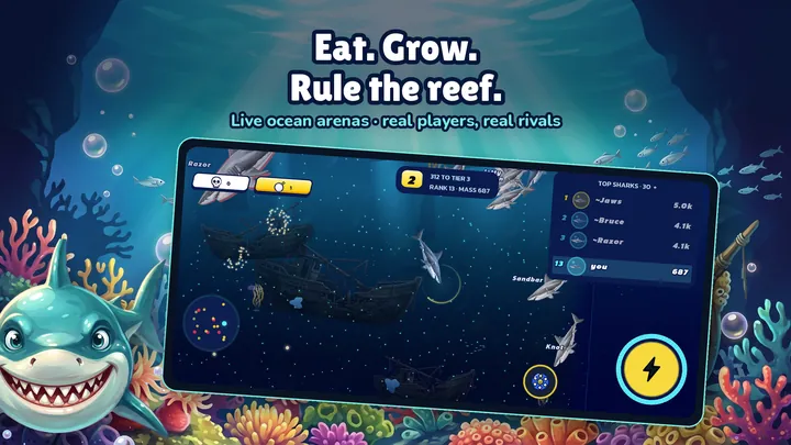 In the water: your shark hunting in the open ocean, with the top-sharks board and the boost button