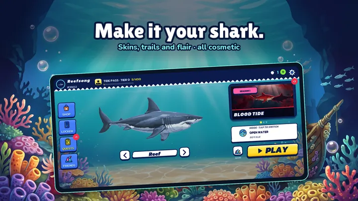The menu: your shark, the season card and the PLAY button